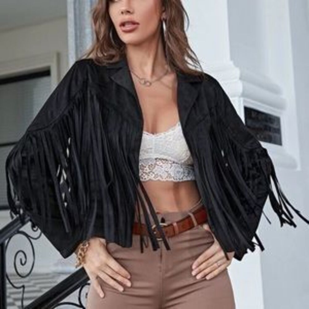 Black Tassel suede women fringe jacket long sleeve jacket boho festival - Picture 5 of 5